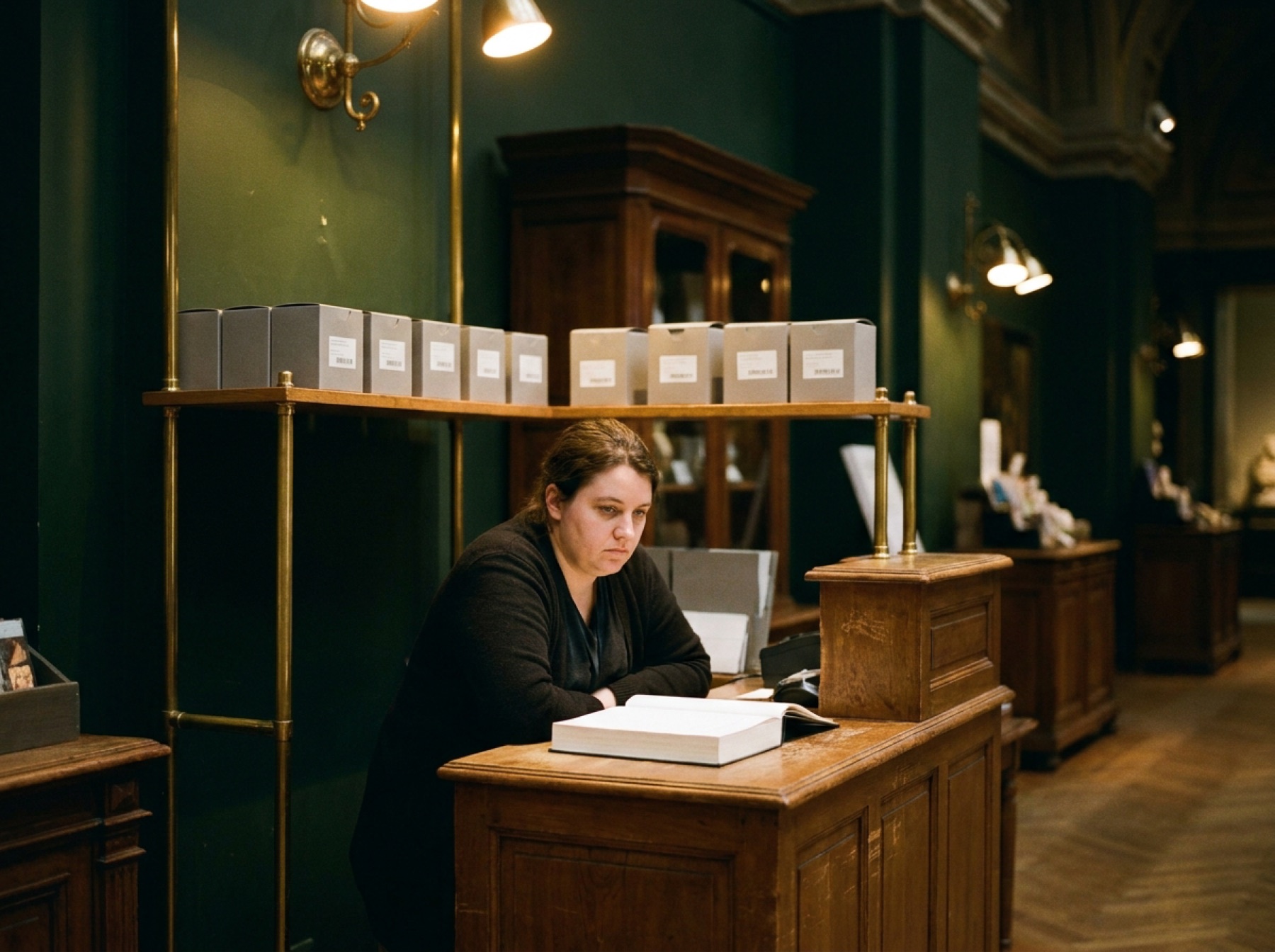 Une boutique de musée avec des boîtes grises identiques et une caissière qui lit