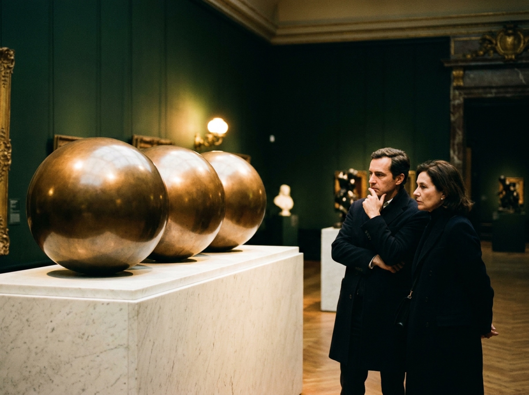 Trois grandes sphères de bronze alignées sur un socle de marbre, contemplées par deux visiteurs