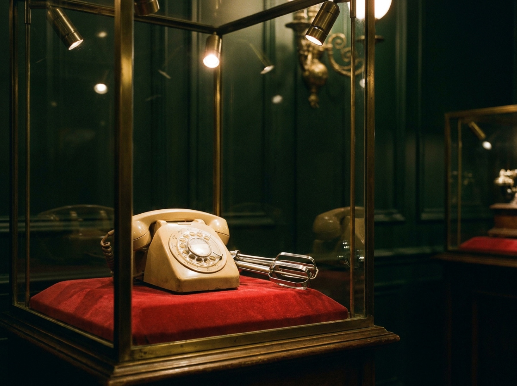 Un téléphone beige et un fouet en chrome sur un coussin de velours rouge, sous vitrine