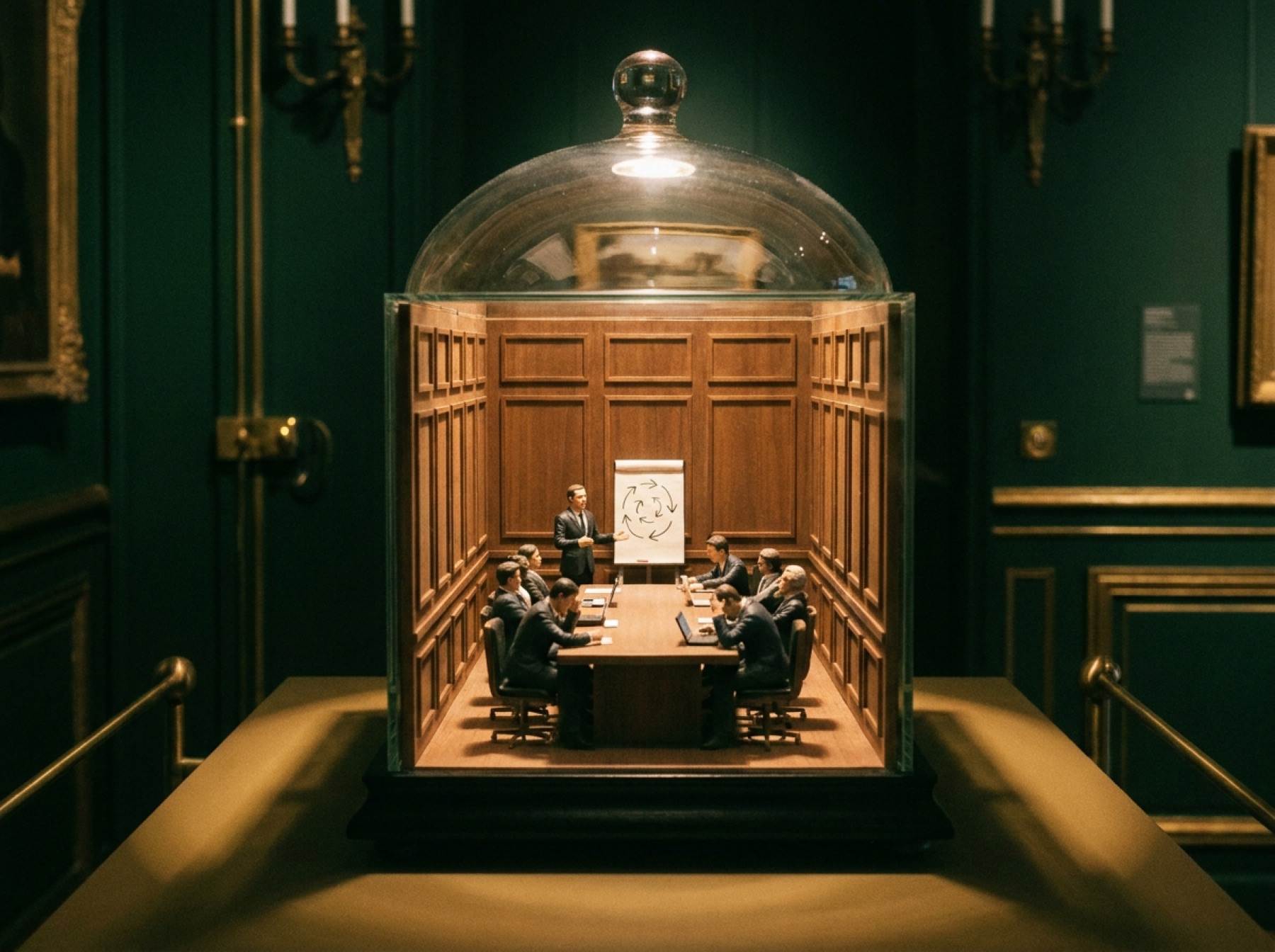 Diorama miniature d'une réunion d'entreprise sous une cloche de verre