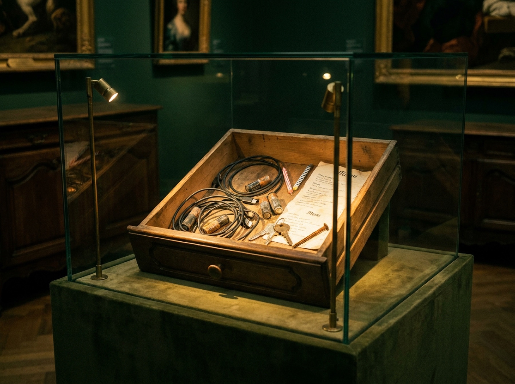 Un tiroir de cuisine rempli de câbles, de piles, de clés et d'un menu, sous vitrine
